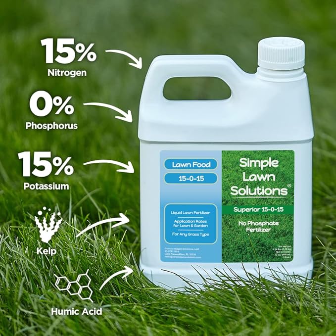 Superior 15-0-15 Liquid Fertilizer Nitrogen &amp Potash Lawn Food - Concentrated Spray- Any Grass Type- Simple Lawn Solutions Green Growth - Humic Acid - Kelp Seaweed - Phosphorus-Free (1 Quart)