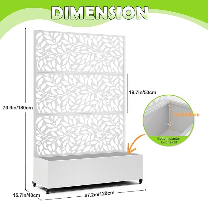 15.7×70.9×47.2 Metal Raised Garden Bed with Trellis and Wheels - Tall Trellis Planter Box for Climbing Plants Vegetables &amp Vines - Outdoor Privacy Planters for Patio (White)