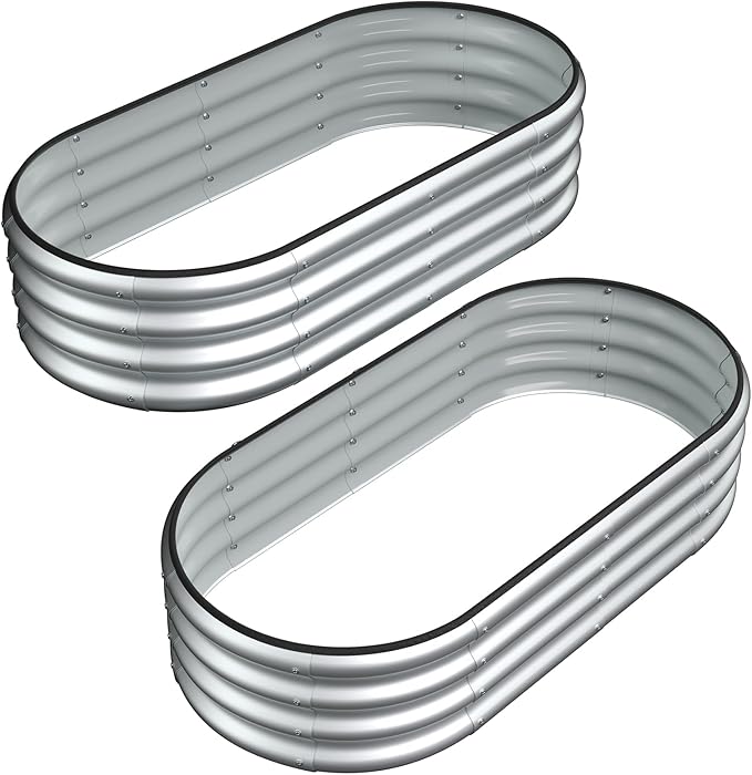 2PCS 4x2x1 FT Oval Metal Raised Garden Bed Kit Elevated Garden Planter Box Outdoor Trough Planter for Outdoor Plants Flower Vegetables Fruit Herbs (Silver)