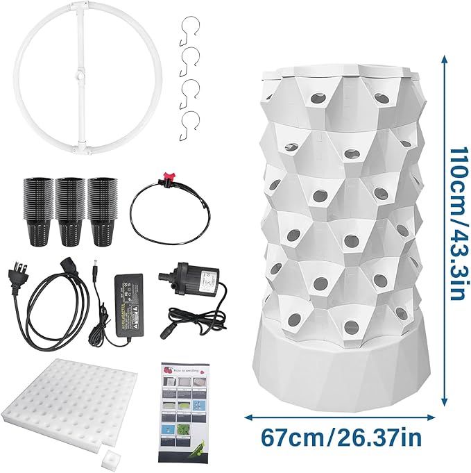 48 Plants Hydroponics Tower Hydroponics Growing System Kit with Water Pump &amp Sponges Vertical Hydroponic Planter Starter Kit for Strawberries Tomatoes Lettuce Indoor Outdoor Garden