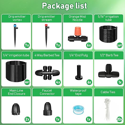 125FT Drip Irrigation System Automatic Drip Irrigation Kit with 5/16 Main Tube &amp 1/4 Branch Tubing Adjustable Drip Emitters Garden Watering System for Flower Bed Raised Beds Lawn Greenhous