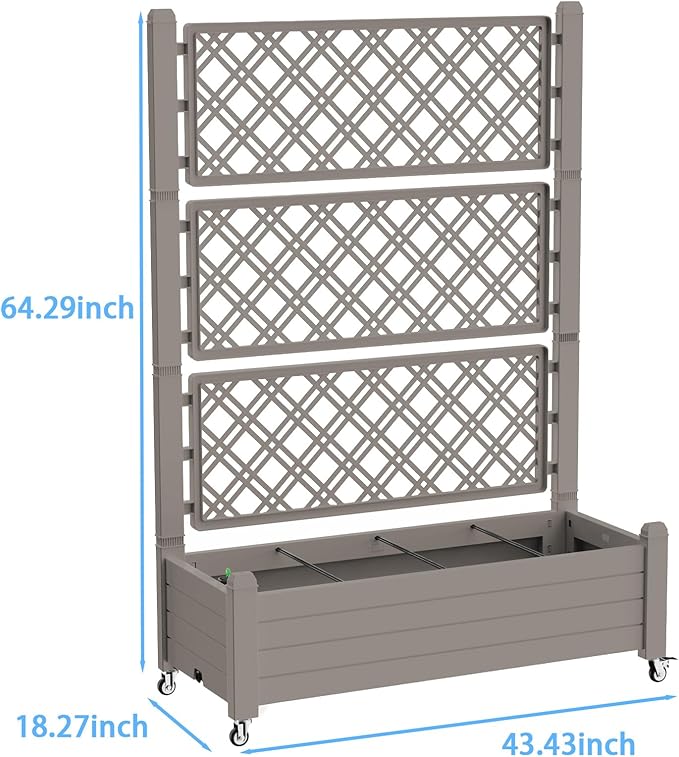 Mobile Garden Planter with Trellis &amp Lockable Wheels Outdoor Raised Bed with Drainage &amp Water Gauge Weather-Resistant Resin for Patio Balcony Yard Dust-Resistant (Grey 43.43*18.27*64.29)