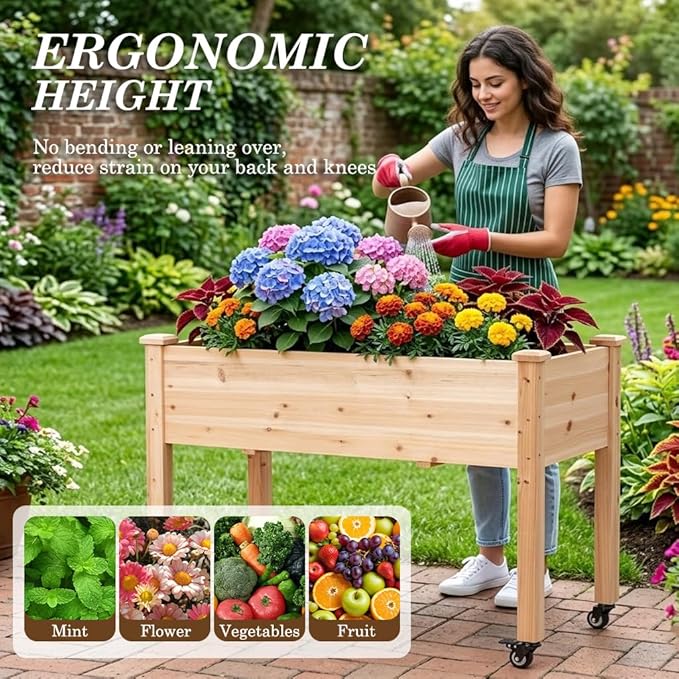 Raised Garden Bed with Lockable Wheels 48x24x32 inch Elevated Wood Planter with Protective Liner for Vegetable Flower Herb Outdoor Balcony Patio Backyard Natural
