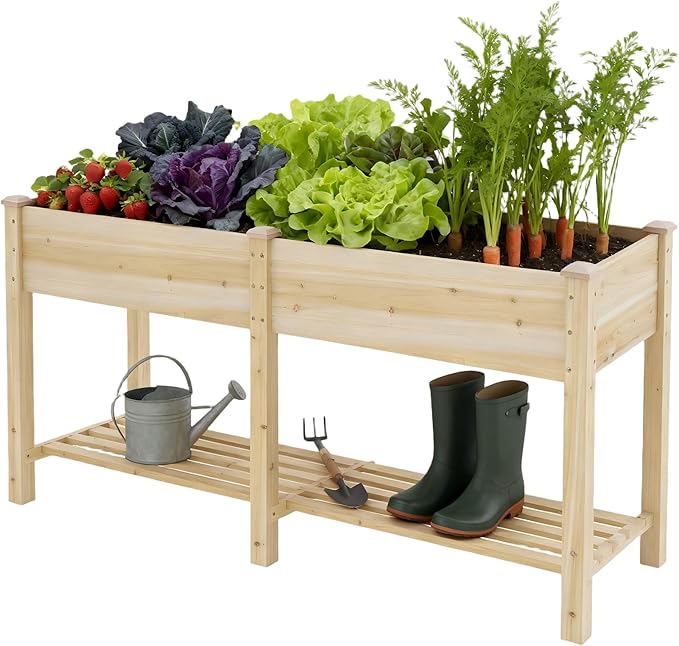 Raised Garden Bed with Legs Wooden Planter Box with Storage Shelf Elevated Wood Planter Box for Vegetables Flowers Herbs Garden Planter for Backyard Patio Balcony 72x24x30.7inch (Natural L)