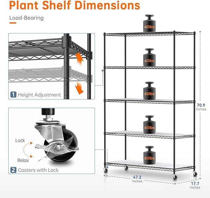 Bstrip Plant Stand with Grow Lights 5 Tier Large 47.2x17.8x71IN Plant Shelf Indoor with 3FT T5 144w Grow Light 3 Mode Full Spectrum LED Plant Light with Timer for Indoor Plants Spring Seed Starting