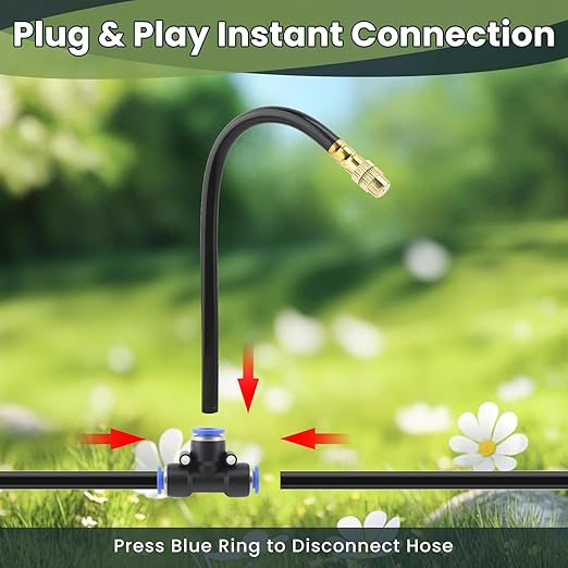 100FT Automatic Drip Irrigation Kits with Water Timer - Garden Watering System with 360° Bendable Spray Adjustable Copper Atomizing Nozzles for Yard Lawn Raised Bed Greenhouse Potted Plants