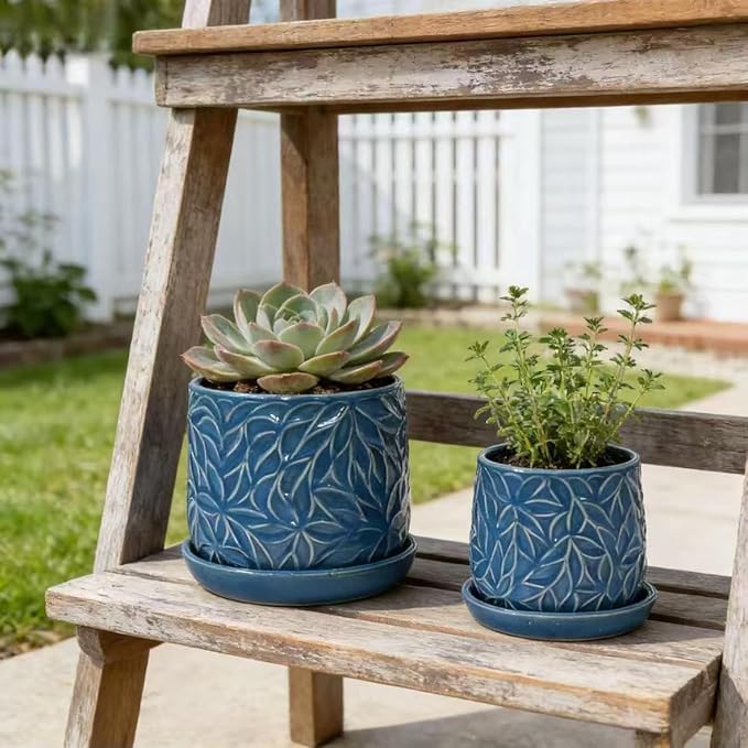 Handmade Ceramic Planter Set of 2 6 8 Diameter Deep Blue with Leaf Pattern for Succulents Herbs IndoorOutdoor Shelf Table Use Breathable Clay with Saucers