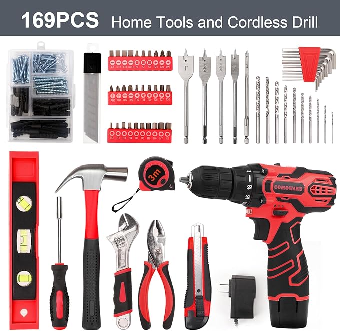 COMOWARE 12V Cordless Drill Set 169Pcs Hand Tool Set with Cordless Drill Driver Complete Repair Tool Kit for Men Storage Bag Ideal for Office Garden Dorm and DIY Project