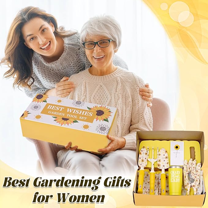 Gardening Gifts for Women Gardening Tools for Women 9 PCS Sunflower Garden Tools Set Kit with Garden Tool Bag Mother's Day Birthday for Gardener Mom Grandma Aunt Yellow