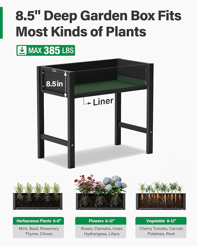 YEFU HIPS Raised Garden Bed: 34x30x18in Child Safe Raised Garden Beds Outdoor for Family Gardening - Organic Herb Vegetable Flower Planter Boxes Outdoor with Legs Kit for Patio Backyard (Black)