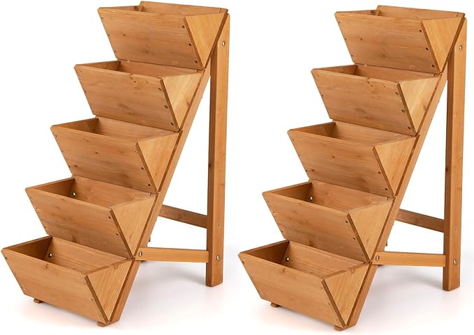 Giantex 5-Tier Wooden Vertical Raised Garden Bed Set of 2 Freestanding Plant Stand with Legs for Herbs Vegetables Fruits Indoor Outdoor Tiered Wood Planter Box Flower Rack for Patio Balcony &amp Y