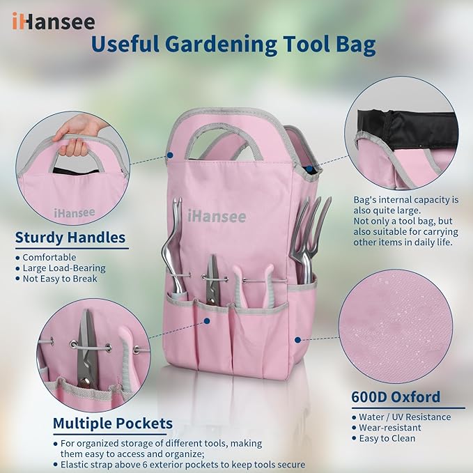 Pink Garden Tool Sets 12 Pieces iHansee Aluminum Gardening Hand Tools with Non-Slip Handle Kneeling Pad Apron Gloves and Organizer Bag Landscaping Tools - Gift for Women &amp Garden Enthusiasts