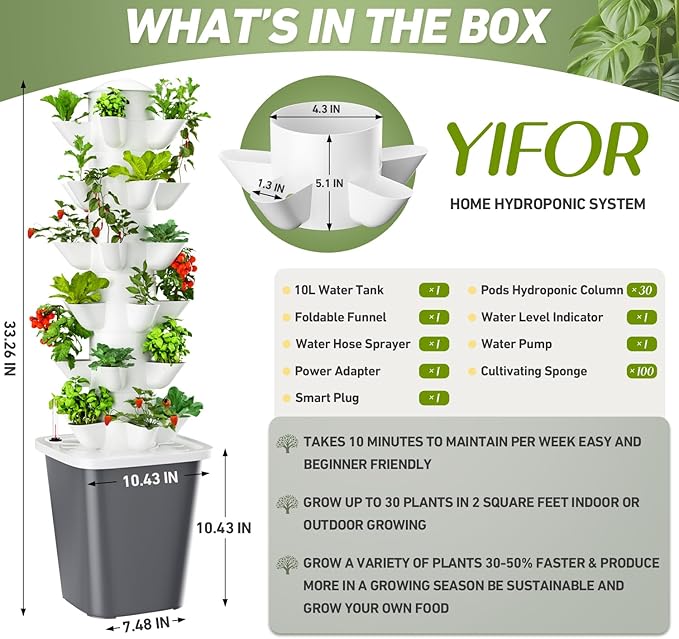 Hydroponics Growing System30-Plants Vertical Hydroponics Tower Growing System Kit with Pump and Movable Water Tank Vegetable Plant Indoor Garden Planter for Gardening Lover