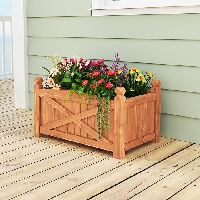 HAPPYGRILL Wooden Raised Garden Bed Solid Wood Gardening Plant Container w/Drainage Holes for Flower Vegetable Fruit Outdoor Elevated Planter Box for Patio Garden Yard Balcony (25”x 16”x 15”)
