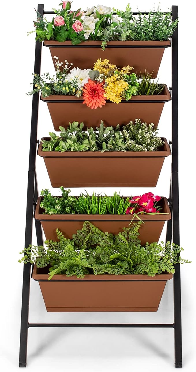 Giantex Vertical Planter Raised Bed Elevated Garden Beds with Water Drainage Hole Freestanding 5 Container Boxes for Herb Vegetables Flowers Growing Outdoor Indoor Patio Balcony (Brown 1)
