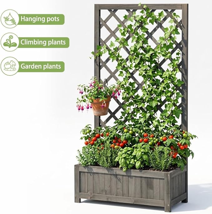 Wooden Raised Garden Bed with Trellis 47 Outdoor Planter Box for Climbing Plants Vertical Modern Gray Garden Planter for Vegetables Flowers &amp Vines Lattice Plant Support for Patio Yard Balcon