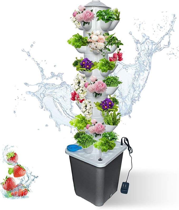 35 Pots Hydroponic Tower Hydroponics Growing System Tower Vertical Tower Planter Pump Tower with Timer Automatic Watering Irrigation Pump and Movable Water Tank for Hydroponic Lovers Grey