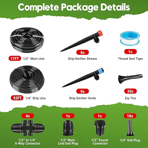 110FT Drip Irrigation System for Garden Quick-Connect Automatic Garden Watering System with 1/2 &amp 1/4 Tubing and Accessories - Adjustable Sprinklers Kit for Greenhouse Yard Lawn Raised Bed
