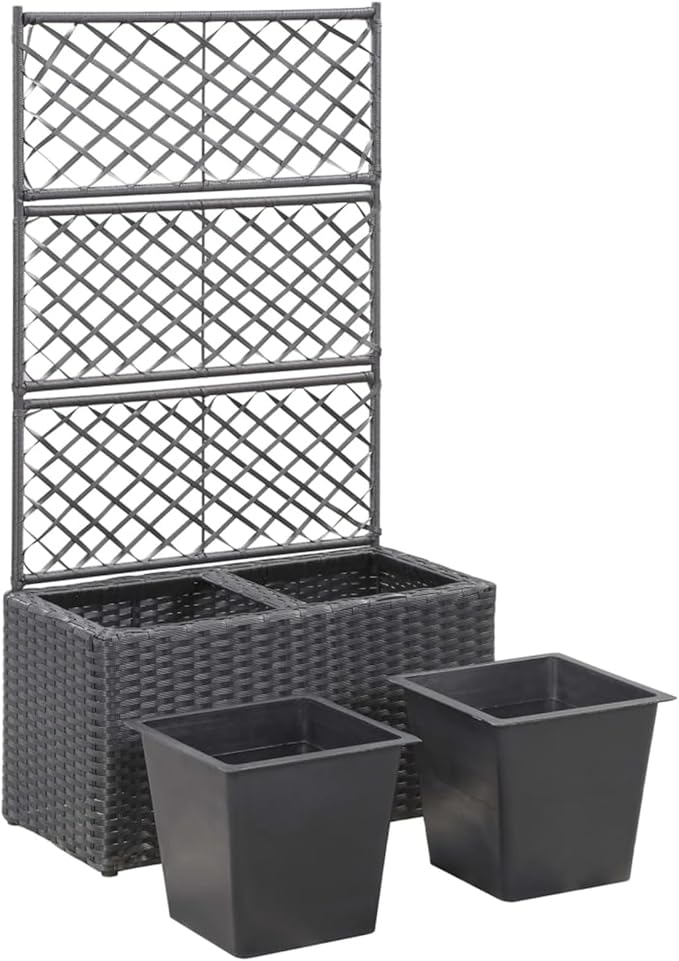 Raised Bed Planter Trellis Design with 2 Pots 22.8x11.8x42.1 Inches Black Poly Rattan for Climbing Plants and Flowers in Garden or Terrace