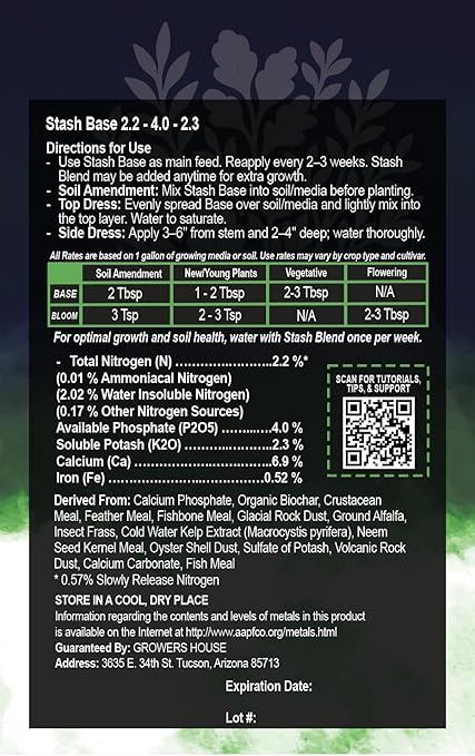 Stash Base Premium All-Natural Nutrient (2.2-4-2.3) – Vegetative Stage Soil Amendment &amp Fertilizer with Biochar Crustacean Meal &amp Kelp – Boosts Root Growth &amp Stem Strength (15 lbs)