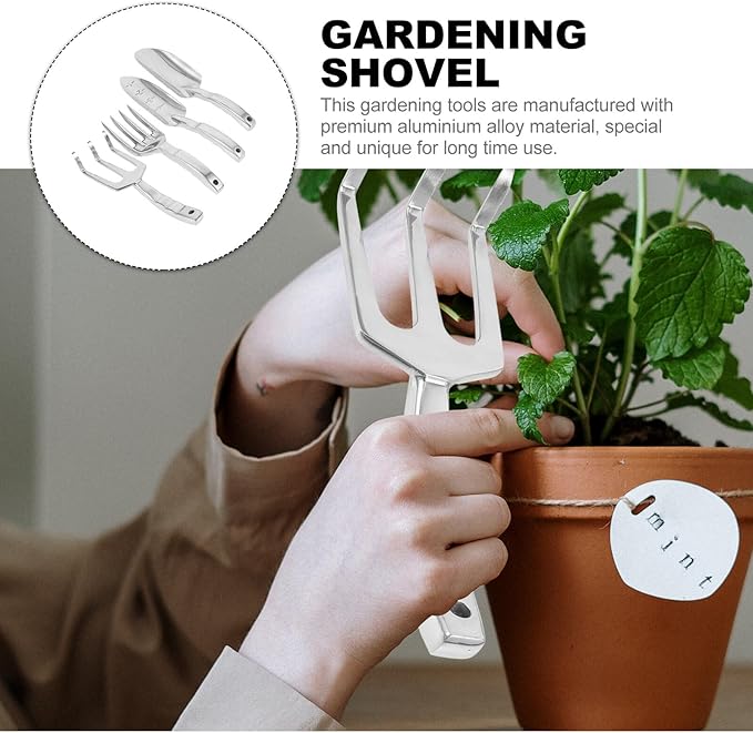 Garden Tool Set with Large Shovel Measuring Shovel Three-Prong Rake Four-Tine Fork for Soil Loosening and Flower Gardening