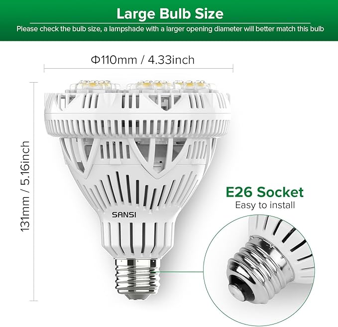 SANSI Dimmable Grow Light Bulb Full Spectrum High PPFD 30W Grow Bulb (450 Watt Equiv) with Remote Auto On Off Timing 4 8 12 Hrs Energy Saving Plant Light Bulb with E26 Base for Indoor Plants
