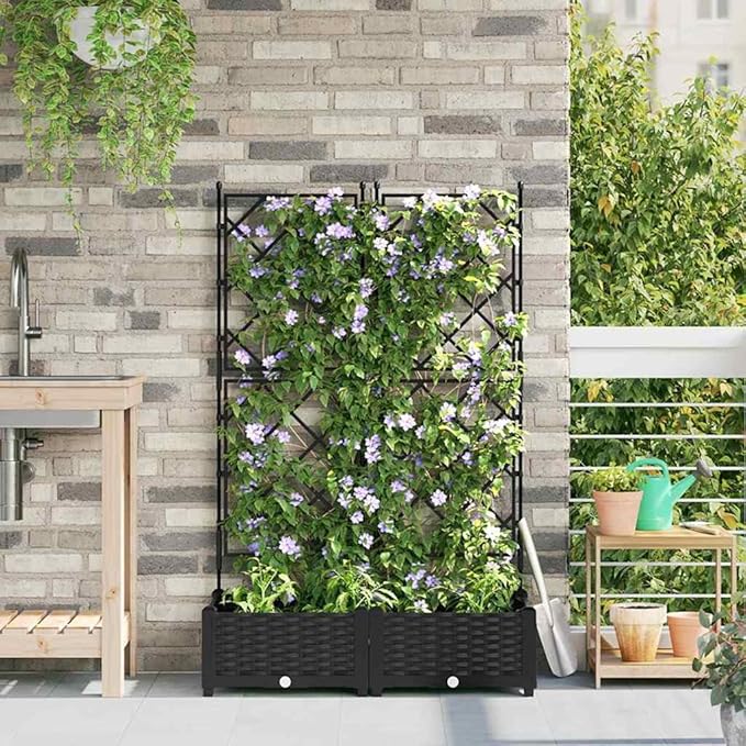 Garden Planter with Trellis 2 Pcs Black 80x40x125.5 cm PP UV Resistant Raised Garden Bed for Outdoor Plants Patio Deck