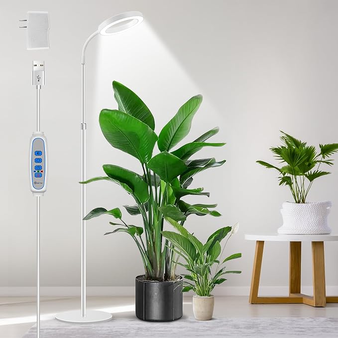 Floor Grow Lights for Indoor Plants Full Spectrum Plant Light with 68 Stand for Growing Large Tall Plants White Halo Grow Lamp with 6/12/16H Timer 3 Light Modes 5 Dimming