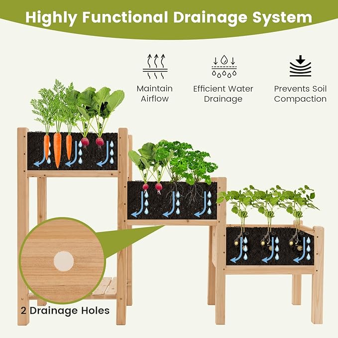 HAPPYGRILL 3-Tire Raised Garden Bed Wooden Raised Planter Box with 3 Planter Boxes Drainage Holes Open Storage Shelf Outdoor Garden Bed with Legs for Plant Fruit Vegetable Flower Herb