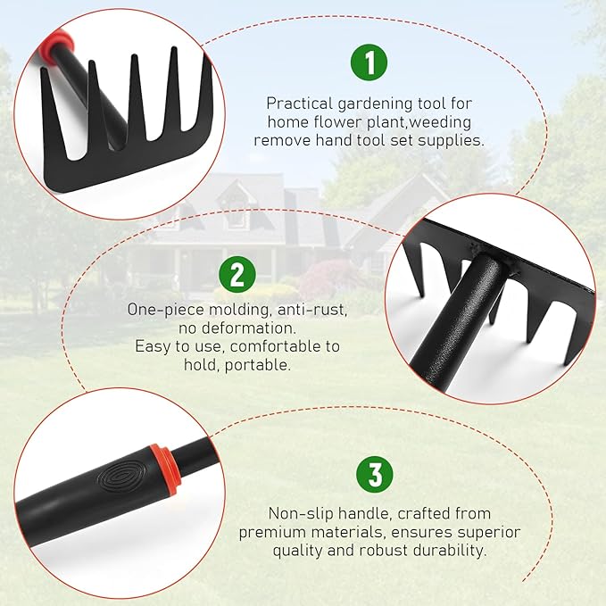 FR 5-Piece Garden Tool Set – Heavy Duty Hand Weeder Kit with Trowel Cultivator &amp Rake – Ergonomic Manual Gardening Tools for Digging Planting &amp Weed Removal in Lawn &amp Flower Beds