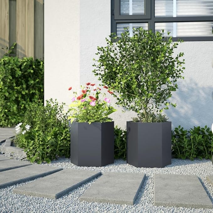 Anthracite Steel Hexagonal Garden Planter Set of 2 Large Outdoor Raised Garden Bed for Flowers &amp Vegetables 15.7x18.1x17.7in Durable Metal Planter Box