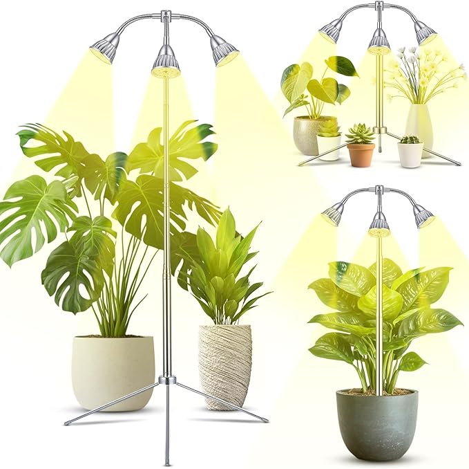 Grow Lights with 3 Heads for Indoor Plants 10-55 Inches Height Adjustable Aluminum Alloy Full Spectrum Plant Growing Lamps with Detachable Tripod Stand Auto On/Off Timer