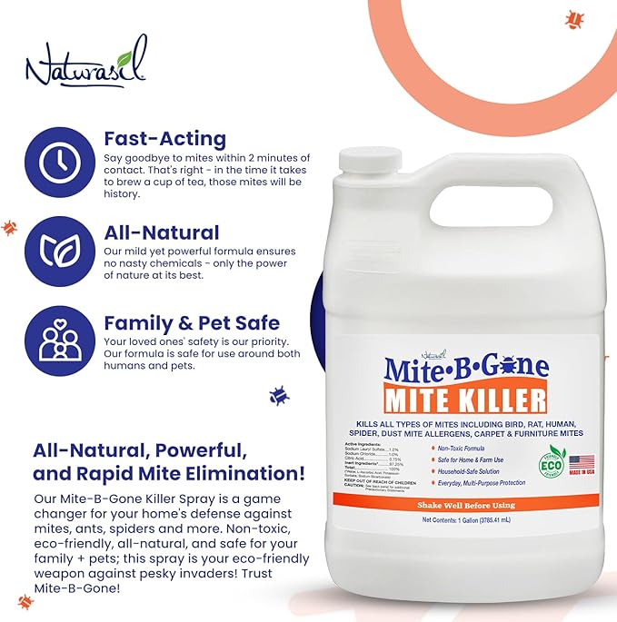 Mite Killer Spray - 1 Gal Natural Mite Treatment Kills Human Dust Chicken Poultry Bird Carpet &amp Rat Mites in Homes and Farm | Family &amp Pet Safe by Mite-Be-Gone