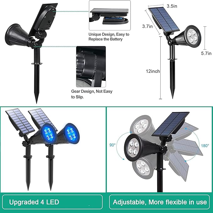 T-SUNUS 8 Pack Green Blue Solar Landscape Spotlight Solar Lights IP65 Waterproof 4 LED Wall Light Auto-on/Off Security Light Landscape Light for TreePatioYardGardenDrivewayPool Area