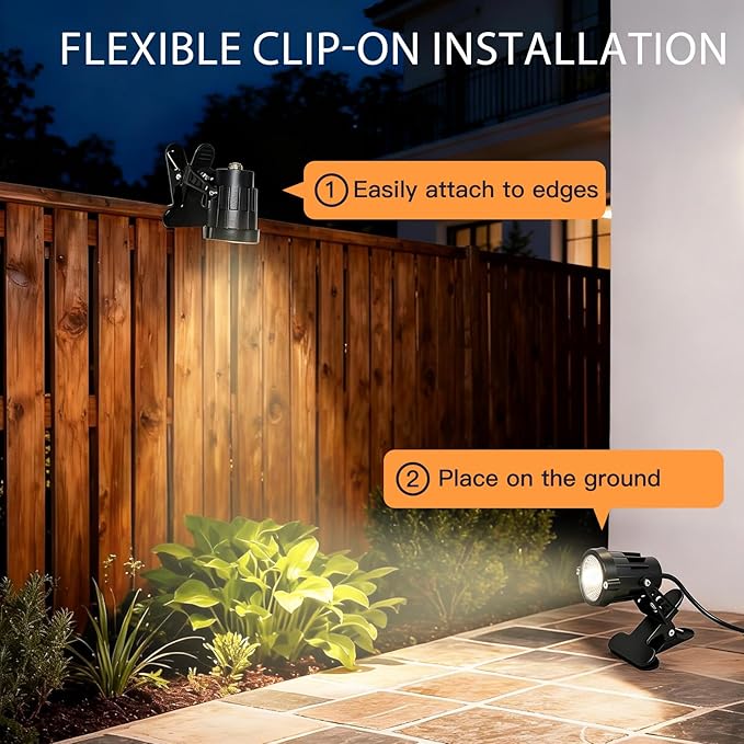 TAYSING Dusk to Dawn Outdoor Landscape Spot Lights with Clip 9W 800LM Plug in Spotlight 3000K Warm White IP66 Waterproof with 5FT Cord for Garden Tree Flag Pathway Patio 2 Pack