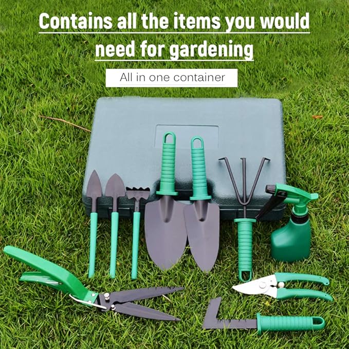 Garden Tool Set 10 Pcs Stainless Steel Garden Tool Kit with Organizer Case - Heavy Duty Gardening Set Including Pruning Rakes Shovels Sprayers Weeding Scissors Potted Plant Props and More