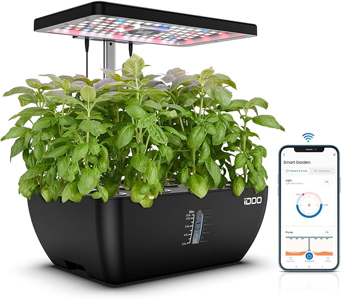 iDOO Hydroponics Growing System Kit 12Pods WiFi Christmas Gifts for Women Mom Indoor Herb Garden with LED Grow Light for Home Built-in Fan AutoTimer 6.5L Large Tank Plant Germination Kit Black