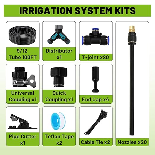 Drip Irrigation Kit - 100 FT. Hose Sprinkler System with 360° nozzles and T-connectors for Gardens lawns Plants Flower beds Trees patios and hydroponics (Closeable nozzle-20)
