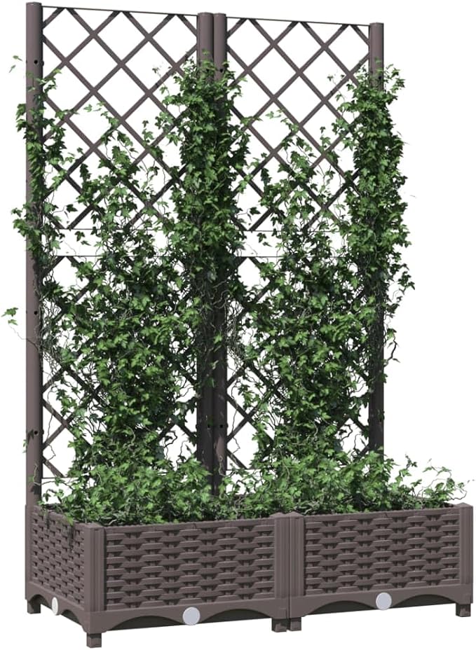 Plastic Garden Planter with Trellis Outdoor Raised Garden Bed Free-Standing Trellis Planter Box for Vine Climbing Plants Flowers Brown 31.5x15.7x47.8 PP-724