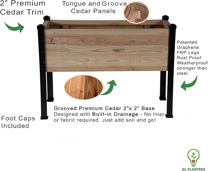 Cedar Raised Garden Bed 44L x 18W x 30H inches Built-in Drainage No-Bend Gardening