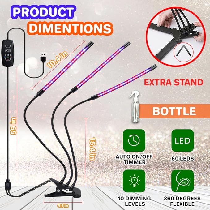 Grow Lights for indoor Plants full Spectrum 6000k with Timer Clip V-Stand &amp Tools Kit 3 Flexible Gooseneck Plant Grow Lights with Mist Bottle 3/9/12H Auto Timer 4 Switch Modes &amp10 Dimmabl