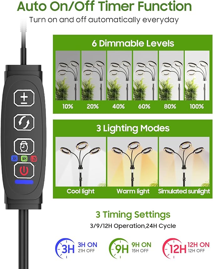 Grow Lights for Indoor Plants Full Spectrum LED Plant Light with Tripod Stand Plant Growing Lamps with Timer 3/9/12H 3 Color Modes 6 Brightness 78'' Adjustable Height for Large Plants