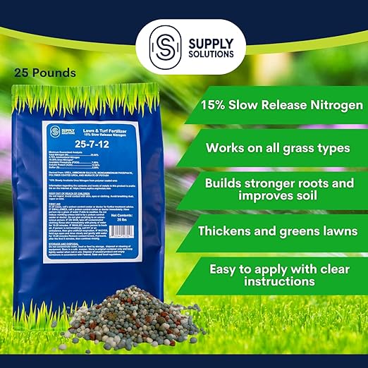 Supply Solutions 25-7-12 Lawn and Turf Fertilizer - 15% Slow Release Nitrogen Lawn Fertilizer for All Grass Types Shrubs - Turf Builder Plant Food Covers 6250 sq.ft (25lbs)