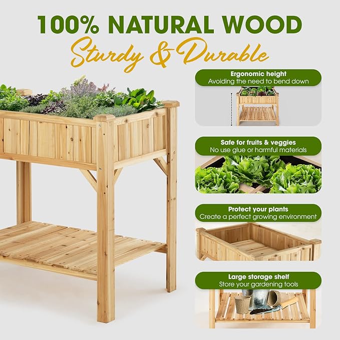 Idzo Raised Garden Bed with Legs Durable Elevated Garden Box with Wax Oil Coated 36x36x24in Wood Planter with Big Planter Box Load Up to 200 Pounds Ergonomic Height for Convenient Plants Care