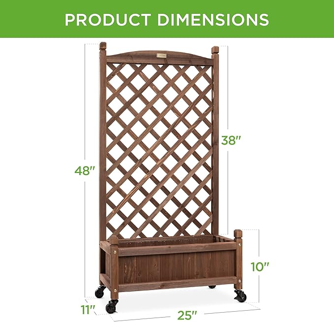 Best Choice Products Set of 2 48in Wood Planter Box &amp Diamond Lattice Trellis Mobile Outdoor Raised Garden Bed for Climbing Plants w/Drainage Holes Optional Wheels - Walnut
