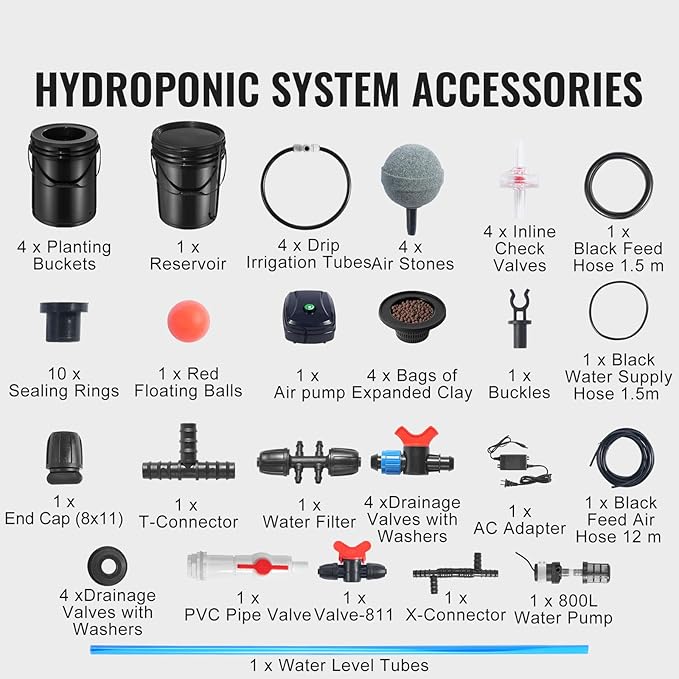 Happybuy RDWC Hydroponics Grow System Recirculating Deep Water Culture Kit 4 Buckets &amp 1 Reservoir with Top Drip Air Pump Water Level Device for Leafy Vegetables