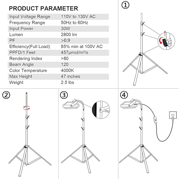 LBW LED Grow Light with Stand Full Spectrum 150W for Indoor Plants Adjustable Tripod Stand 15-47 Inches