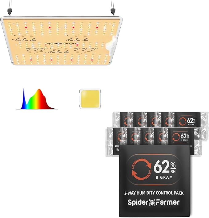 Spider Farmer 62% RH 8g Size Two-Way Humidity Control Packs 10 Packs Each Maintains Freshness for 1 oz and SF1000D LED Grow Lights with Samsung LM301B Diodes Full Spectrum Grow Light