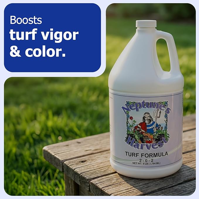Neptune's Harvest Turf Fertilizer (2-0-2) - 9 LB Bottle - Fish &amp Seaweed-Based Lawn Food Formula - Organic Liquid Fertilizer for Lawn &amp Seed - Ideal for Flowers Vegetables Trees &amp Shrub