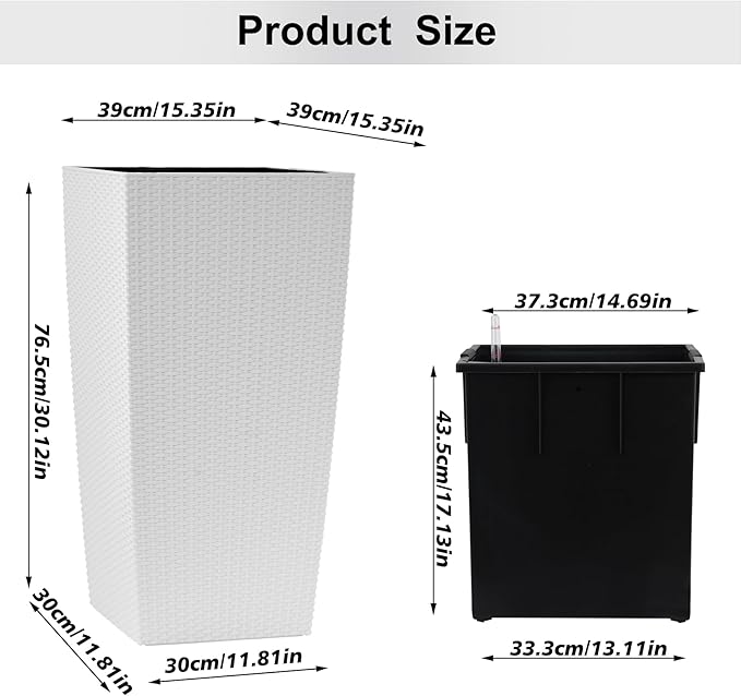 IndoorOutdoor Faux Rattan Square Planter 30 Inch White Plastic Large Planter with Automatic Watering System for Home and G(White 30 Inch 1)